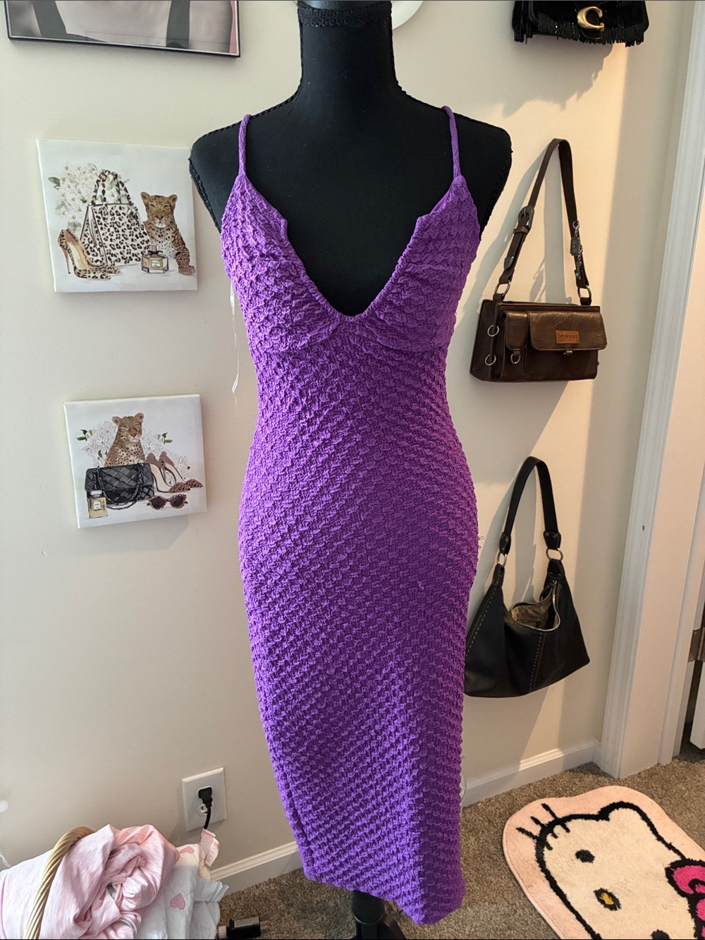 Rolla Coster Purple Textured Knit Spaghetti-Strap Midi Dress